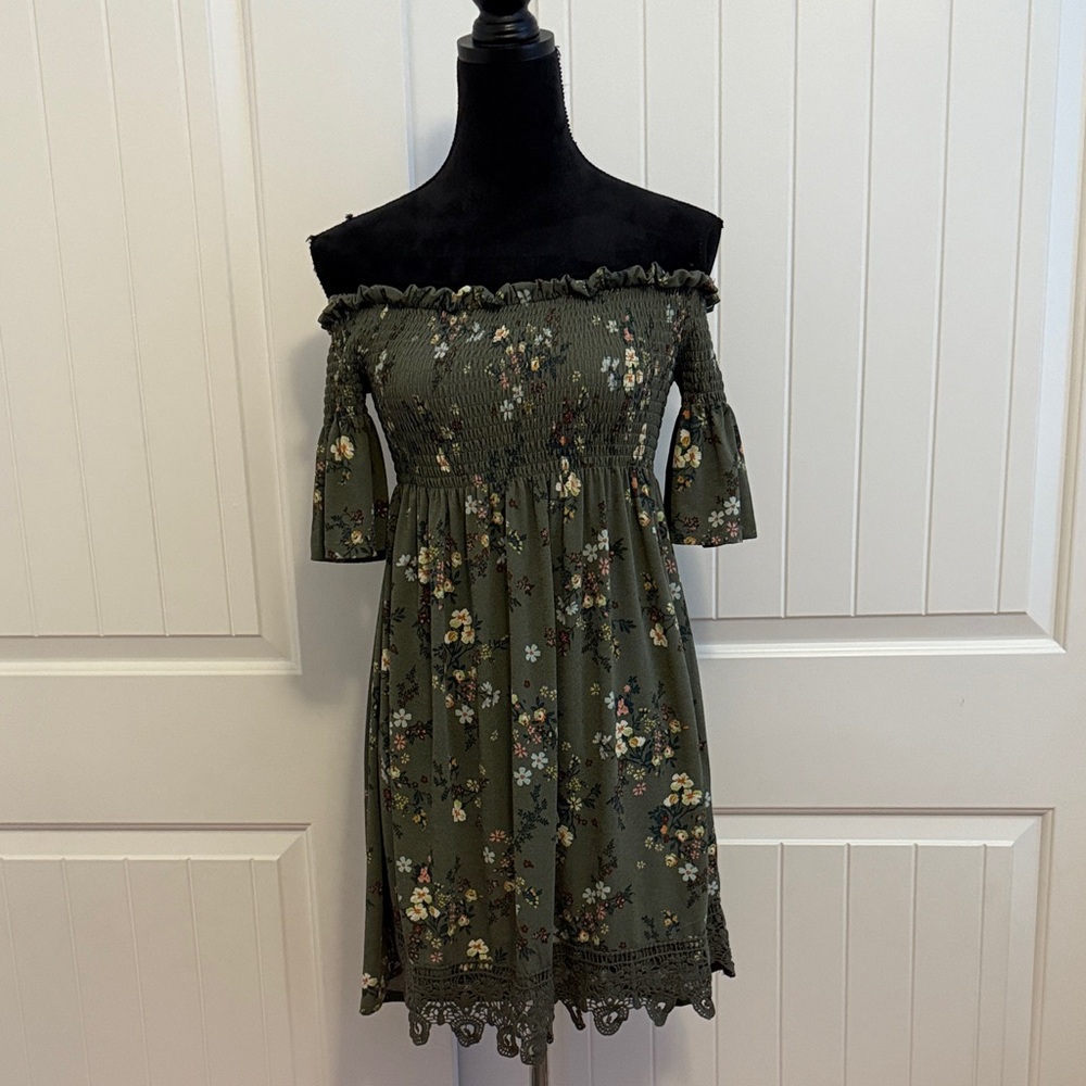 Xhilaration Olive Floral Off-Shoulder Dress